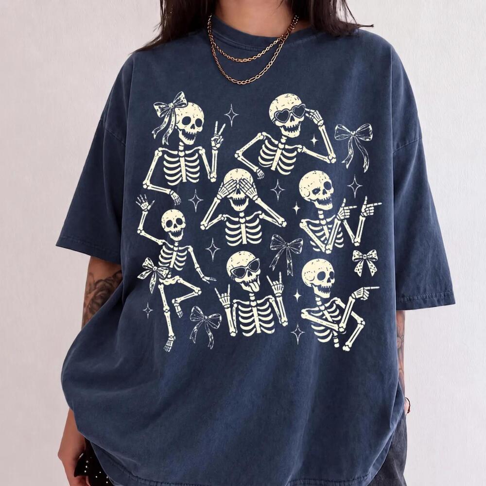Halloween Skeleton Shirt, Bow Skeleton Tee, Retro Cream Bones Graphic Shirt